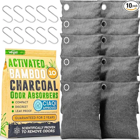 Activated Charcoal Odor Absorber 10x3.5oz w Hooks. Nature Fresh Bamboo Charcoal Air Purifying Bag Home Closet Air Freshener Deodorizer Odor EliRAHEEVtor | RAHEEV&reg; {1}