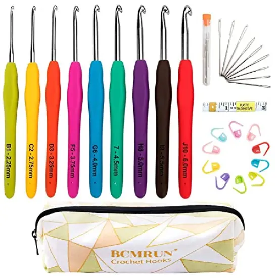 34 Pieces Crochet Hooks Set with Case, BCMRUN 2.25mm(B)-6mm(J) Soft Grip Handles Knitting Needles with Large-Eye Blunt Needles, Stitch Marker, Tape Measure, Crochet Needles Kit for Arthritic Hands {2}