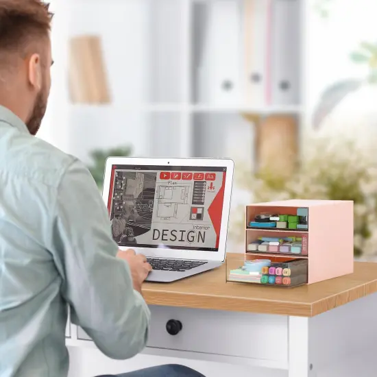 Desk Organizer with 4 Drawers, Clear Plastic Desk Storage Box, Desktop Organization for Office Supplies, Gel Pens, Pencils, Markers, Tape, Erasers, Paperclips, Chargers (Pink w 3Draws) {5}