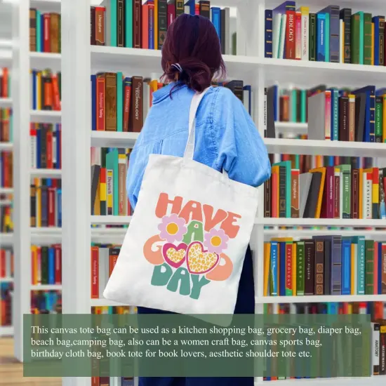 Canvas Tote Bag for Women with Zipper Pocket Aesthetic Cloth Cotton Totes Reusable Grocery Bags Shoulder Book Bags Gifts {4}