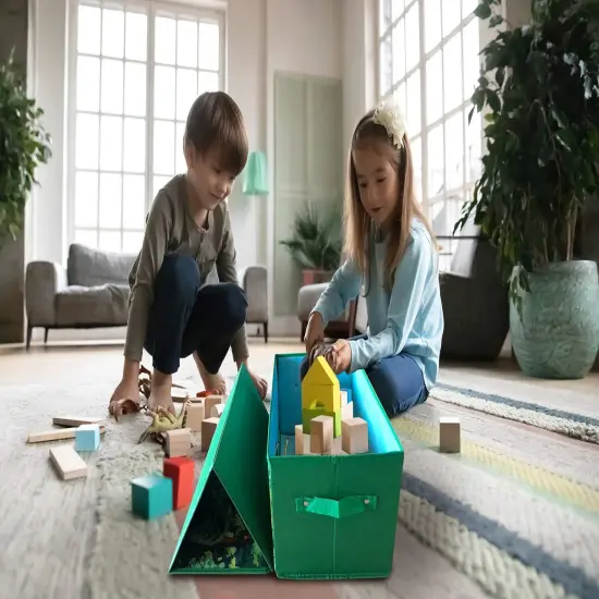 Toy storage box with car rug play mat - Toy box for boys and girls - 2 in 1 collapsible toy car storage- toyboxes for children - toy boxes for kids (Green) {5}