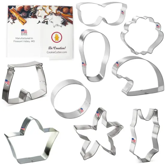 Beach Cookie Cutters 9 Pc Set. USA Tin Plate Steel - By CookieCutter.Com {1}