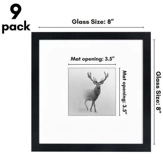 Americanflat 8x8 Square Picture Frames for Grid Gallery - Set of 6 and 9 - 4x4 with Mat or 8x8 without Mat - Square Grid Picture Frames - Shatter Resistant Glass - Hanging Hardware - Includes Easel - Black {2}