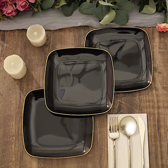 10 Square 7 in Disposable Salad Dinner Plastic PLATES Black and gold {3}