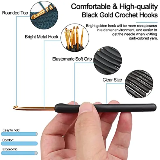Black Gold Crochet Hooks Needles for Arthritic Hands, 2.0-6.0mm Crochet Hook Set Ergonomic Soft Grips Knitting Hook for Crochet Yarn Craft, Aluminum Knitting Crochet Supplies Kit for Knitter {4}