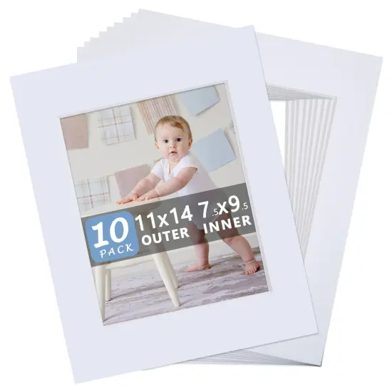 Somime 10 Pack Pre-Cut 11 x 14 White Picture Mats for 8x10 Photos - White Core Bevel Cut Frame Matte, Acid Free, Ideal for Frames/Artwork/Prints {1}