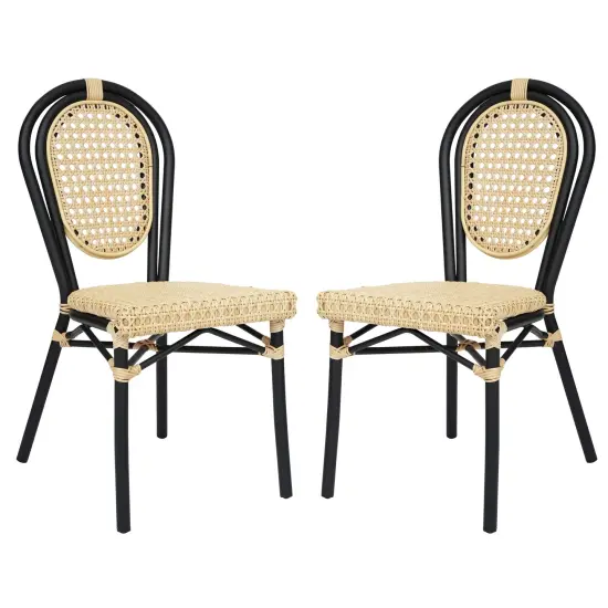 Merrick Lane Toulon Set of Two Stacking Thonet Bistro Style Chair, PE Cane Rattan Seat, and Metal Frame for Indoor/Outdoor Use Natural/Black Frame {2}