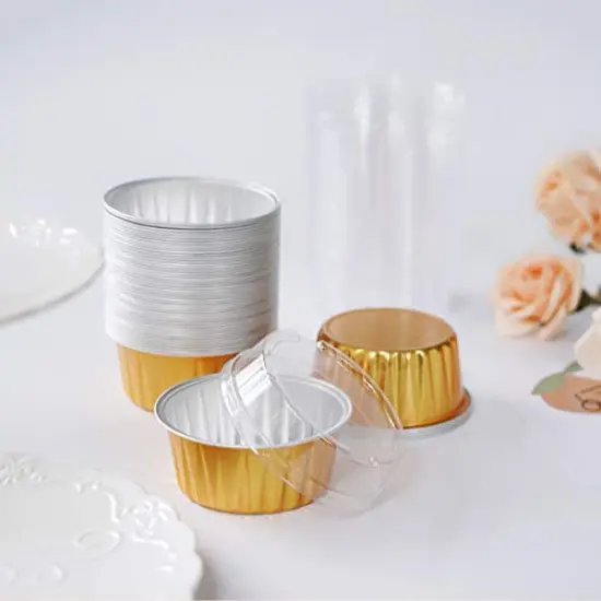 50 Pck Disposable Ramekins, Gold 50pcs 5oz Mini Aluminium Foil Baking Cups with Lids Creme Brulee Cupcake Liners, Desert Cheesecake Pans Flan Molds Tin Cups Containers for Party Favor Birthday {5}