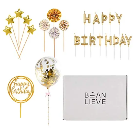Birthday Candles Set - Cake Topper Decoration with Cake Candles Confetti Balloon Stars and Fan Cupcake Toppers 12 Pieces Birthday Cake Decor for Birthday Party Celebration (Gold) {1}