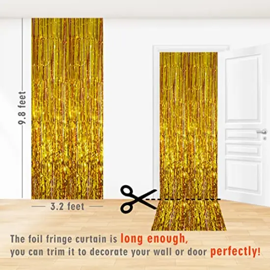 3.2 ft x 9.8 ft Metallic Tinsel Foil Fringe Curtains Party Photo Backdrop Party Streamers for Birthday,Graduation,New Year Eve Decorations Wedding Decor (1 Pack, Gold) {1}
