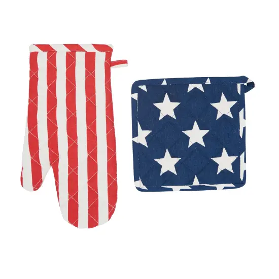 Patriotic Stars & Stripes American Flag Pot Holder & Oven Mitt Set {1}