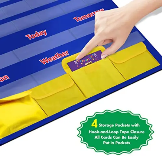 Calendar and Weather Pocket Chart with 148 Cards 108 Illustrated Activity Cards 40 Dry Erasable Flash Cards and 3 Hooks 28 x 35.5 Inches {4}