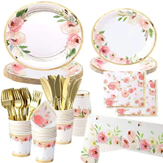 Floral Paper Plates and Napkins Party Supplies - Serves 16 - Flower Plates Floral Party Cups Knifes Forks Floral Baby Shower Decorations for Girl Pink and Gold Bridal Shower Tea Party Birthday {1}