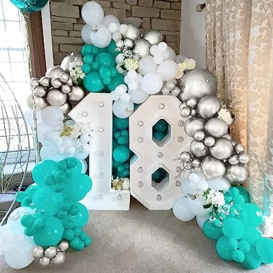 60pcs Teal Blue, Silver, and White Balloons - 12 Inch Turquoise and Silver Metallic Confetti Balloons Kit with Ribbons for Wedding, Bridal, Baby Shower, Birthday, Graduation, and Prom Party Decorations {4}