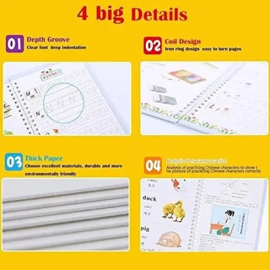 Magic Ink Copybooks for Kids Reusable Handwriting Workbooks for Preschools Grooves Template Design and Handwriting Aid Practice for Kids The Print Writing (4 Books with Pens) {6}