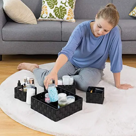 VK Living Woven Storage Box Basket Bin Container, Woven Strap Basket, Nylon Woven Box Basket, Underwear Bra Storage Organizer Divider for Drawer, Dresser, Closet, Black, Set of 4 {4}