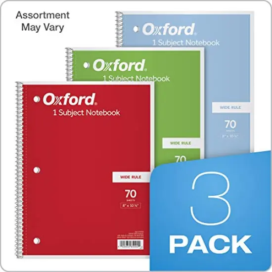 Oxford 1-Subject Notebooks, 8" x 10-1/2", Wide Rule, 70 Sheets, 3 Pack, Color Assortment May Vary (65029) {2}