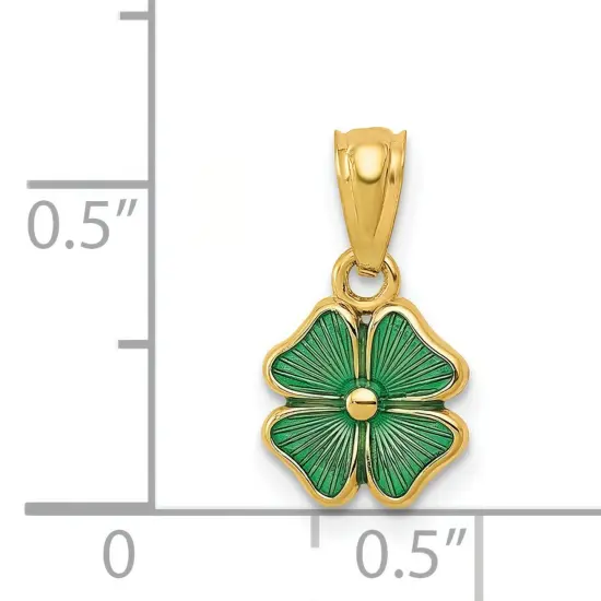 14K Yellow Gold Green Enameled Four Leaf Clover Pendant Jewerly 15.8mm x 8.2mm {2}