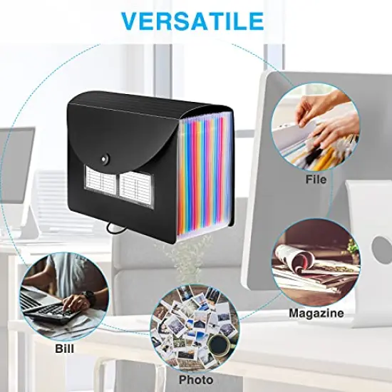 24 Pockets Expanding File Folder with Blank Labels, According File Organizer with Expandable Cover, Desktop Accordion Folders Letter A4 Paper Document Storage Organizer, Black {4}