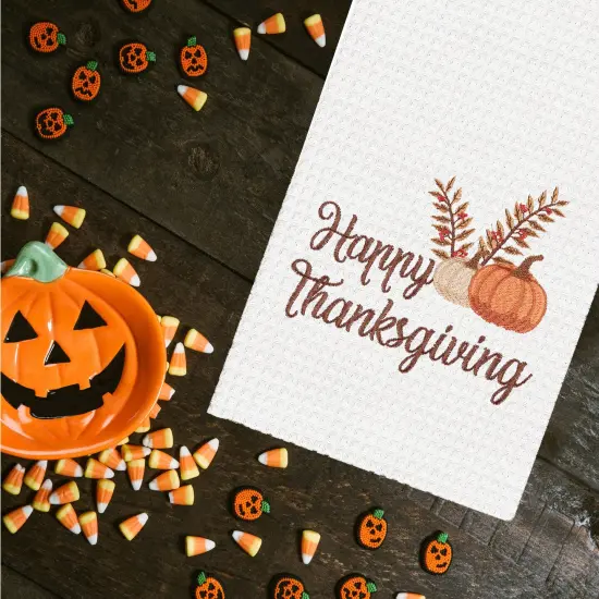 Happy Thanksgiving Embroidered Waffle Weave Kitchen Towel Set of 2 {3}