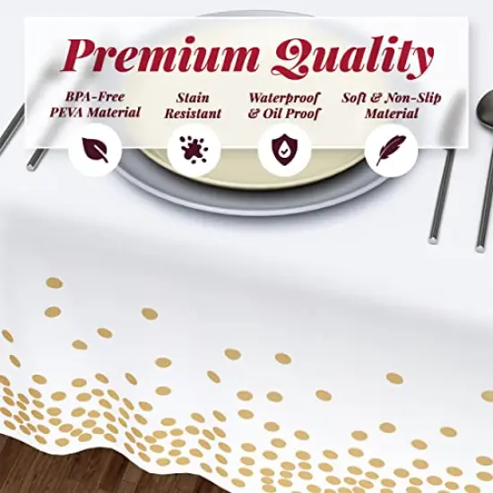 White/Gold Tablecloths, 4pk, 54"x108" - Gold Dot Disposable Tablecloths - Plastic Table Cloth Disposable - White Tablecloths - BBQ, Party, Fine Dining, Wedding, Communion, Baptism Decorations {3}