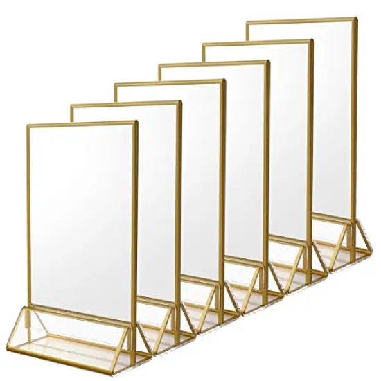 6Pack 4 x 6 Clear Acrylic Sign Holder with Gold Borders and Vertical Stand, Double Sided Table Menu Holders Picture Frames for Wedding Table Numbers, Restaurant Signs, Photos and Art Display {1}
