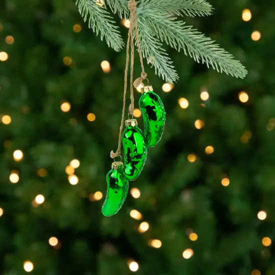 Northlight 8.5" Green Shiny Pickle Cluster Trio Glass Christmas Ornament {3}