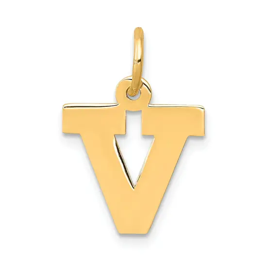 14K Yellow Gold Small Block Intial Letter V Charm Jewerly 18mm x 10mm {1}