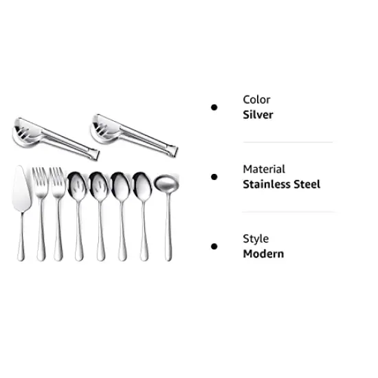 10 Pck Serving Utensils Include Large Serving Spoons Slotted Serving Spoons Serving Forks Serving Tongs Soup Ladle and Pie Server Buffet Catering Serving Utensils for Dishwasher Safe (Silver,10 Pieces) {3}