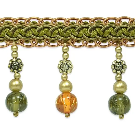 Vera Tinsel Bead Fringe Trim Olive Multi {1}