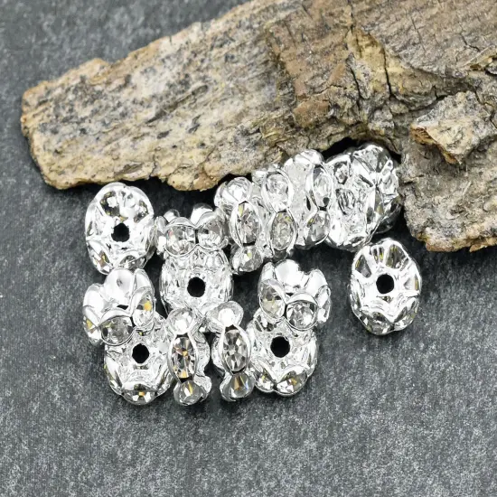 Silver w/ Crystal Rhinestone Wavy Edge Rondelle Spacer Beads {1}
