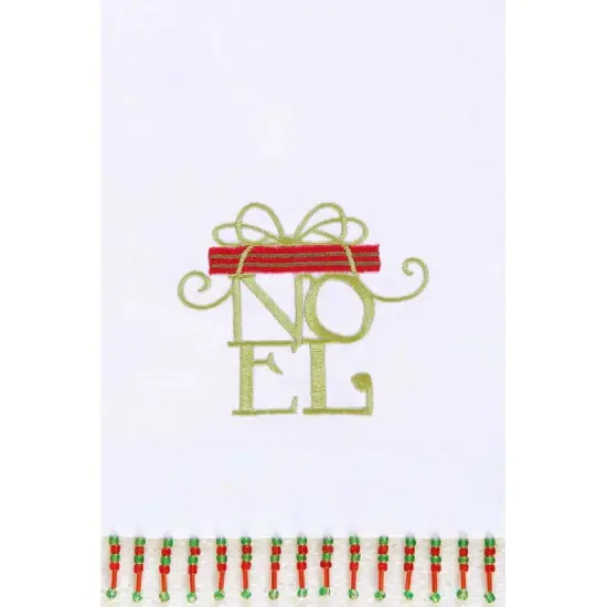 Christmas Present "Noel " Embroidered 100% Cotton Beaded Guest Dishtowel {1}