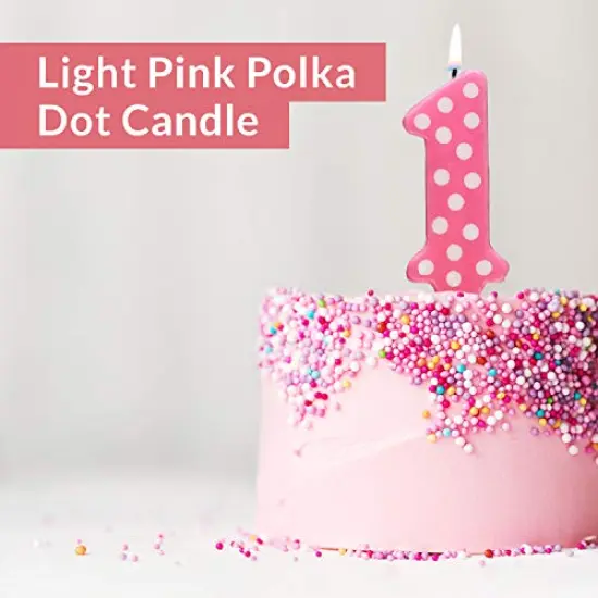 Girl Polka Dot No. 1 Birthday Party Wax Candle For Cake Decorations, 3.25” Tall, Pink & White {5}