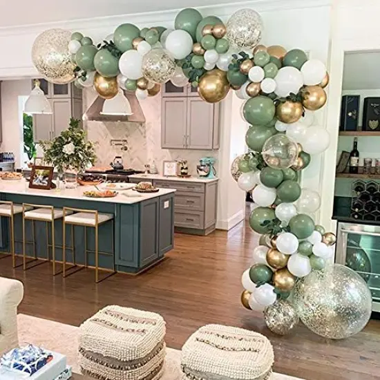 137PCS Sage Green Balloon Garland Arch Kit with White, Gold Confetti, Retro Green, and Gold Metallic Chrome Latex Balloons for Wedding, Birthday, and Baby Shower Decorations {1}