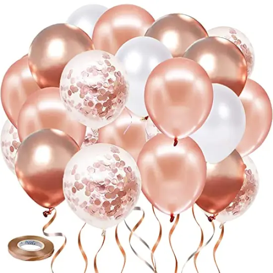 50 Pack Rose Gold Confetti Balloons - Rose Gold and White Balloons, Rose Gold Metallic Balloons for Birthday, Wedding, Engagement, Bachelor, and Bridal Shower Party Decorations {1}
