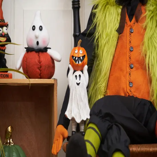 3.35" Kid Ghost Costume Holding Jack-O-Lantern Cute Halloween Figurine {4}