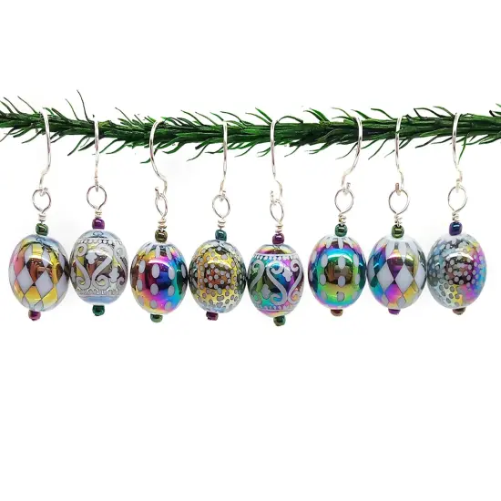 Miniature Ornaments in Rainbow Holiday Patterns, 8 pieces with Hooks, Pretty Mini Baubles, Adorabilities {2}