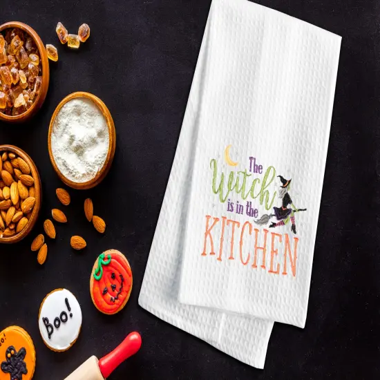 Witch Is In The Kitchen Halloween Cotton Embroidered Waffle Weave Kitchen Towel {4}