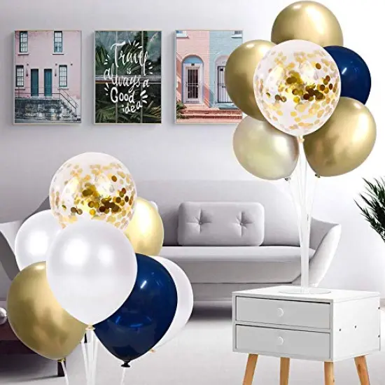 50 pcs 12 Inch Navy Blue and Gold Confetti Balloons - Pearl White and Gold Metallic Chrome Balloons for Birthday, Celebration, and Graduation Party {4}