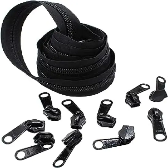 #10 Extra Heavy YKK Zipper Black Coil Chain - 5 Yards & 10 Long Pull Sliders - Made in The United States {1}