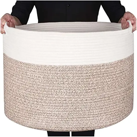 MINTWOOD Design Extra Large 22 x14 Inches Decorative Woven Cotton Rope Basket, Laundry Basket, Blanket Basket, Dog Toy Storage Baskets Bin, Laundry Hamper, Towel Basket, Light Brown {1}