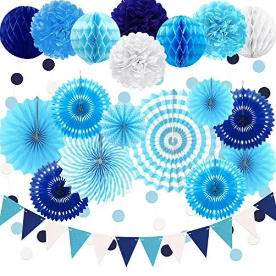 Navy Blue Party Decoration,23Pcs Hanging Paper Fans,Pom Poms Flowers,Garland String Polka Dot and Triangle Bunting Flag Packs for Boy Birthday, Bridal Shower,Baby Boy Showers,Wedding {2}
