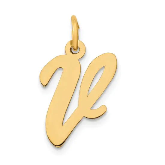 14K Yellow Gold Medium Script Initial Letter V Charm Jewerly 19mm x 10mm {1}