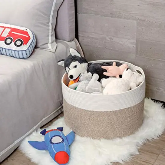 MINTWOOD Design Extra Large 22 x14 Inches Decorative Woven Cotton Rope Basket, Laundry Basket, Blanket Basket, Dog Toy Storage Baskets Bin, Laundry Hamper, Towel Basket, Light Brown {2}