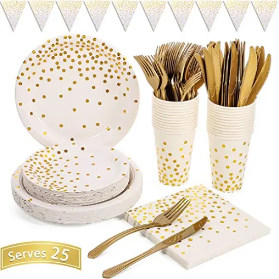 150 Pcs White and Gold Party Supplies Golden Dot Disposable Party Dinnerware Includes Paper Plates, Napkins, Knives, Forks, 12oz Cups, Banner, for Bridal Shower, Engagement, Wedding, Serves 25 {1}