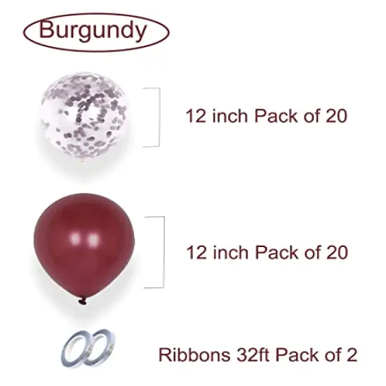 42 Pack Party Balloons - Metallic Burgundy and Confetti Latex Helium Balloons with 64ft Ribbons | 12 Inch Maroon Chrome Balloon Decoration Set {2}