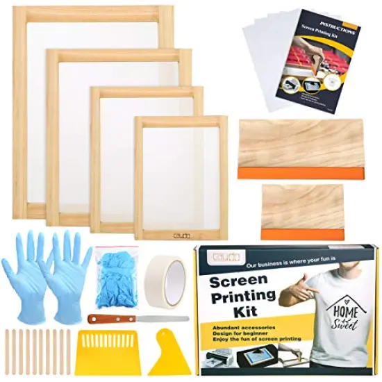 31 Pieces Screen Printing Starter kit Include 4 Different Size of Wood Silk Screen Printing Frame with 110 Mesh, Squeegees, Inkjet Transparency Film, Ink Knife, Gloves and Mask Tape {1}