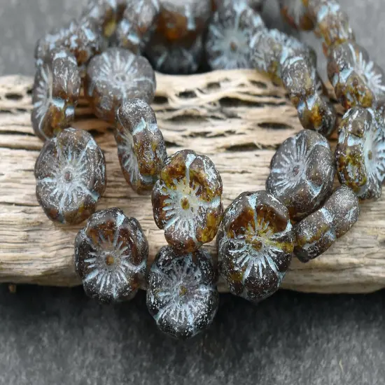 *12* 12mm Turquoise Washed Etched Matte Amber Hawaiian Flower Beads {1}