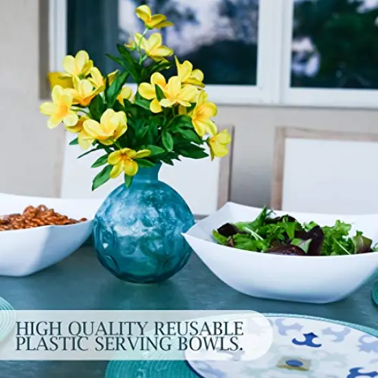 Disposable 128 ounce Square Serving Bowls, Party Snack or Salad Bowl, Extra Large Plastic Elegant White Pack of 4 {6}