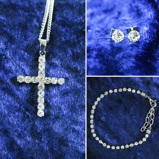 Rhinestone Cross Fashion Jewelry Set of 3 - JW7006S {1}